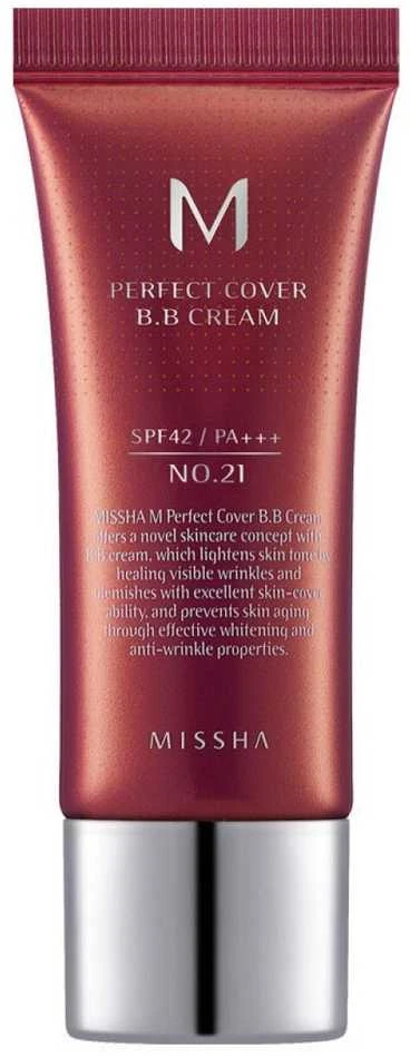 Missha M Perfect Cover BB Kreminis SPF42/PA+++ maskuojantis/drėkinantis BB veido kremas, atspalvis: 21 Light rusvai gelsvas, 20 ml