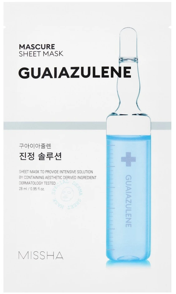 Missha Mascure Calming Solution Guaiazulene Sheet Mask raminanti ir atkurianti lakštinė veido kaukė, 28 ml