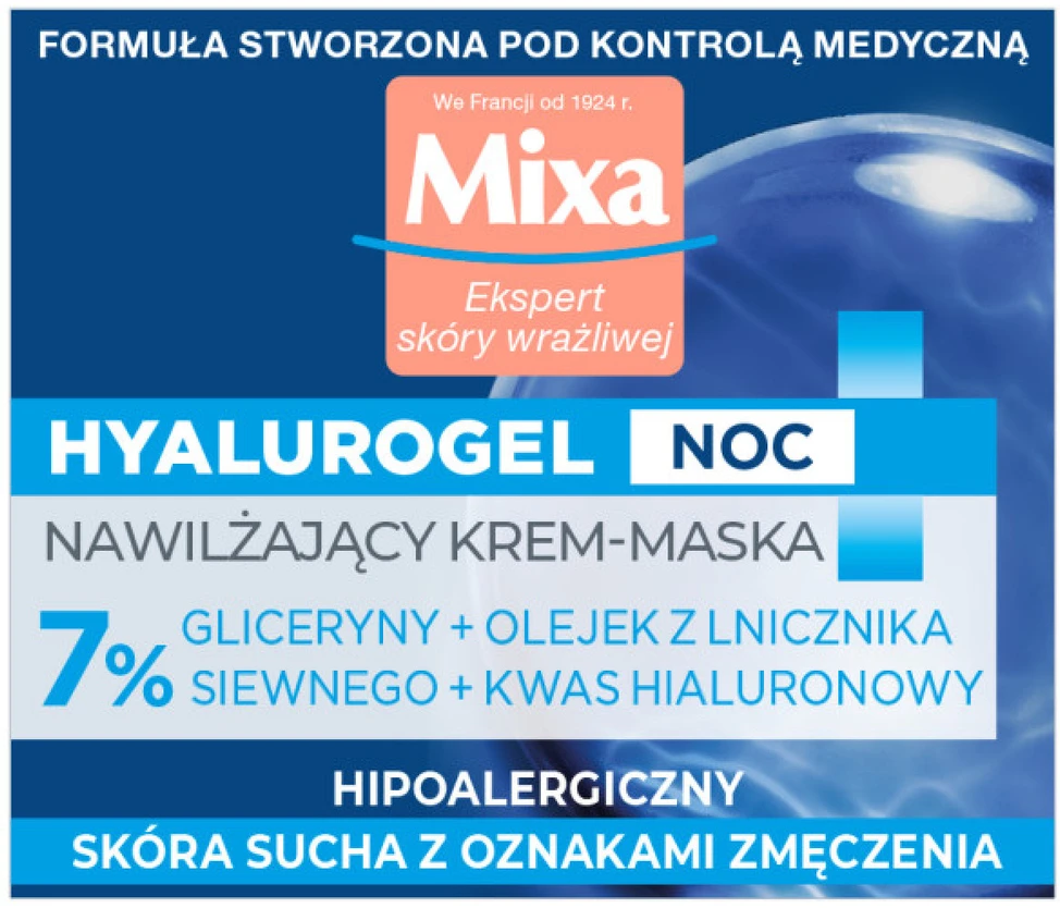 MIXA Ekspert Hyalurogel Night Moisturizing Night Kreminis-Mask drėkinamasis naktinis veido kremas-kaukė, 50 ml