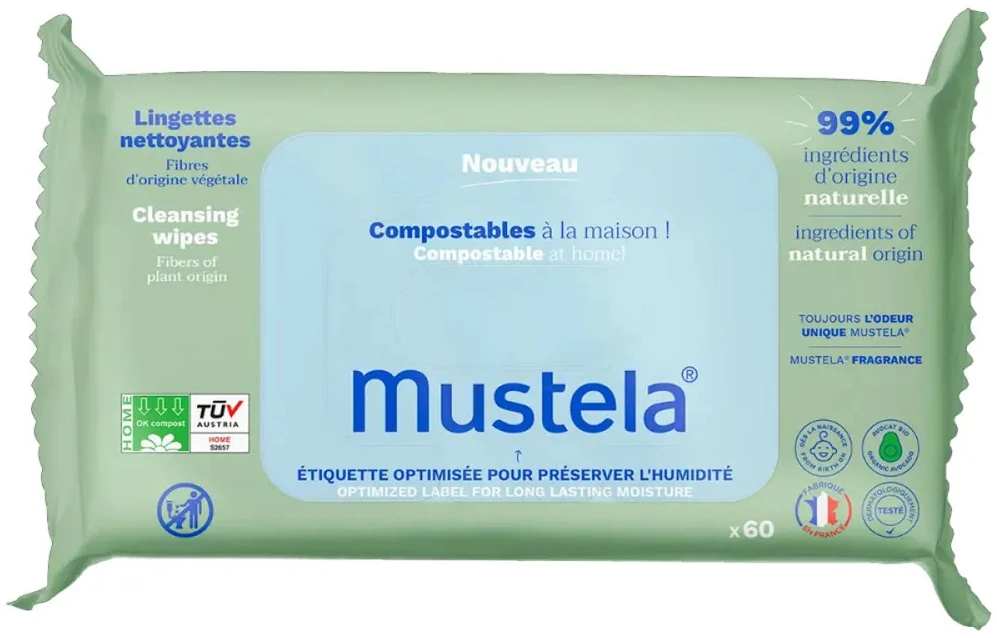 Mustela Baby Compostable Cleaning Wipes With Fragrance drėgnos valomosios servetėlės vaikams, 60 vnt.