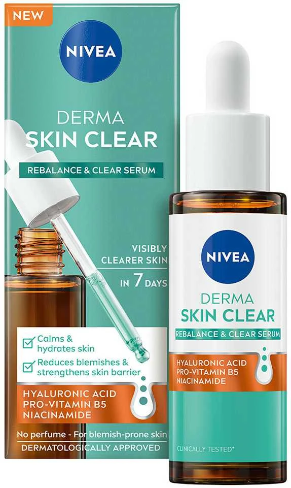 Nivea Derma Skin Clear Serum, 30 ml regeneruojantis ir giliai drėkinantis odos serumas