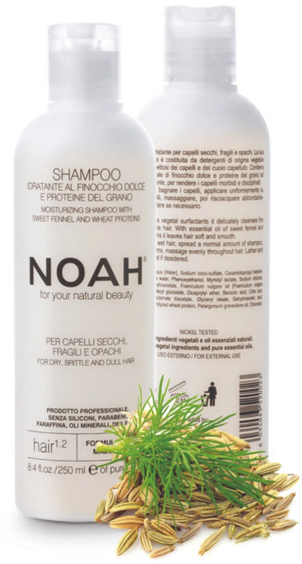 Noah 1.2. Moisturizing Šampūnas With Sweet Fennel And Wheat Protein Šampūnas sausiems ir lūžinėjantiems plaukams, 250 ml