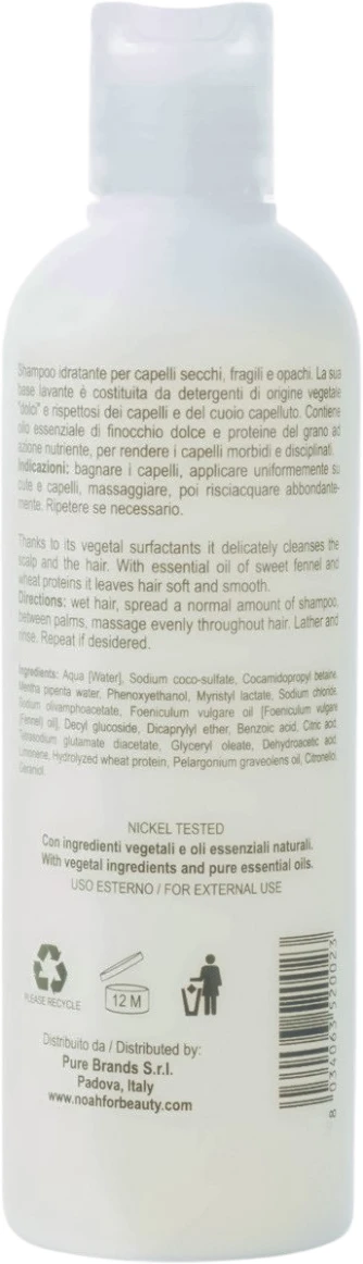 Noah 1.2. Moisturizing Šampūnas With Sweet Fennel And Wheat Protein Šampūnas sausiems ir lūžinėjantiems plaukams, 250 ml
