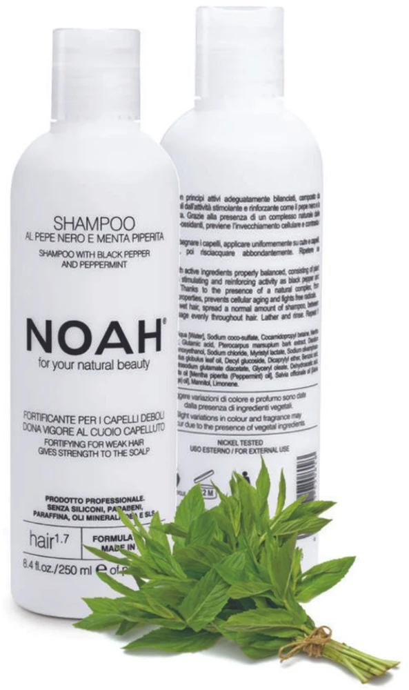 Noah 1.7. Šampūnas With Juodas Peper And Pepermint Plaukus stiprinantis šampūnas silpniems, slenkantiems plaukams, 250 ml
