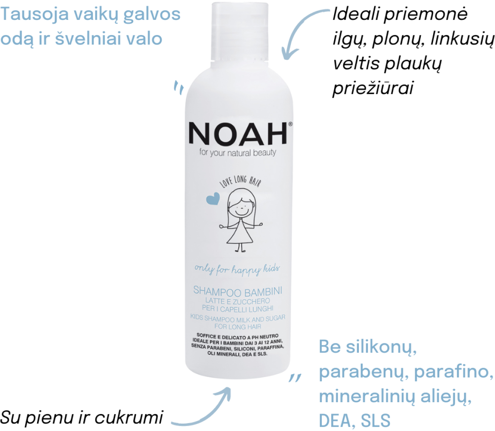 Noah Kids Šampūnas Milk And Sugar For Long Hair Vaikiškas šampūnas su pienu ir cukrumi ilgiems plaukams, 250 ml