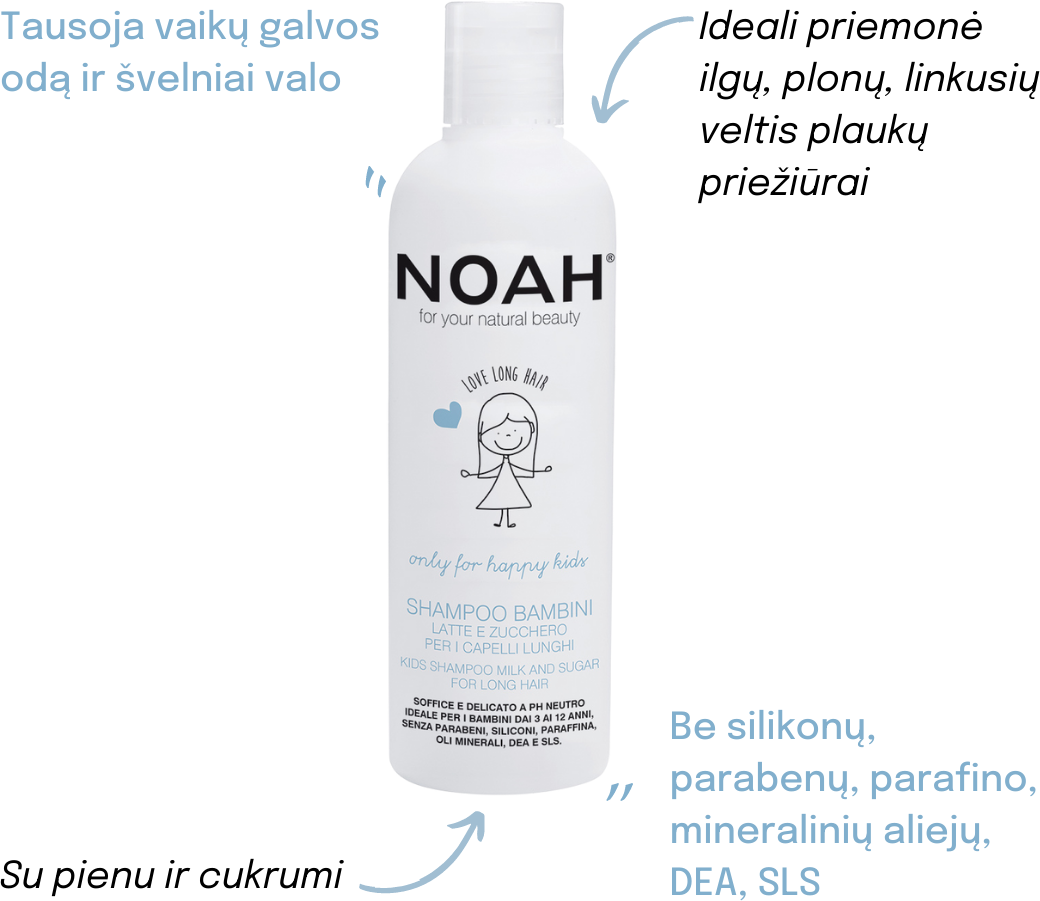 Noah Kids Šampūnas Milk And Sugar For Long Hair Vaikiškas šampūnas su pienu ir cukrumi ilgiems plaukams, 250 ml