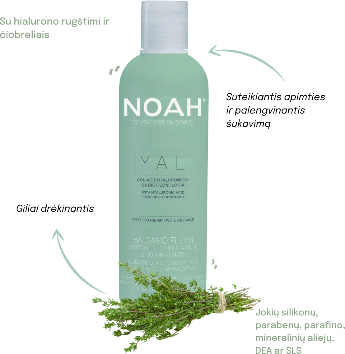 Noah YAL Re-Hydrating And Volumizing Filler Conditioner Atkuriamasis drėkinantis ir purumo suteikiantis balzamas su hialurono rūgštimi ir čiobreliais, 250 ml