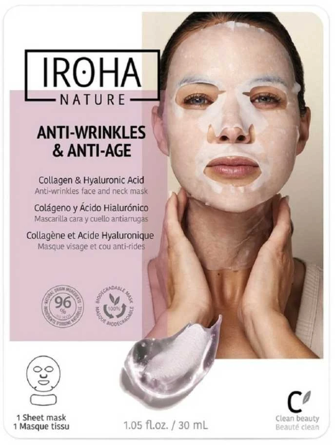 Iroha Nature Odos senėjimą stabdanti veido ir kaklo kaukė Iroha Face and Neck Mask Collagen, su kolagenu ir hialuronu, 30 ml