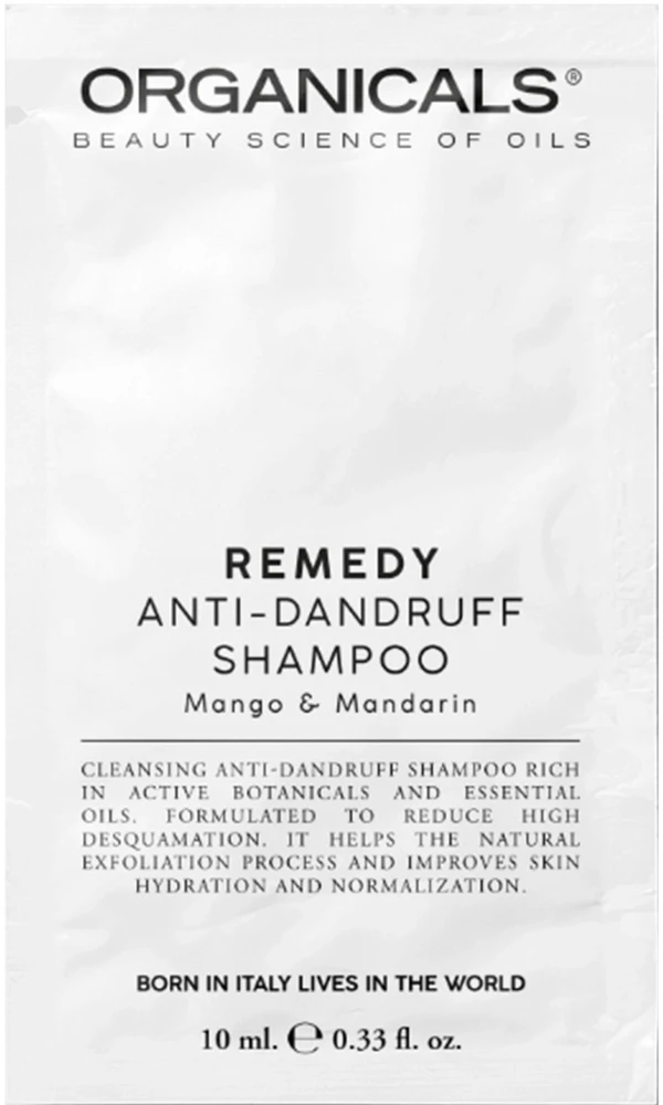 Organicals REMEDY Nuo pleiskanų Šampūnas Mango & Mandarin valomasis šampūnas nuo pleiskanų su mangų ekstraktu ir mandarinų aliejumi, 10 ml