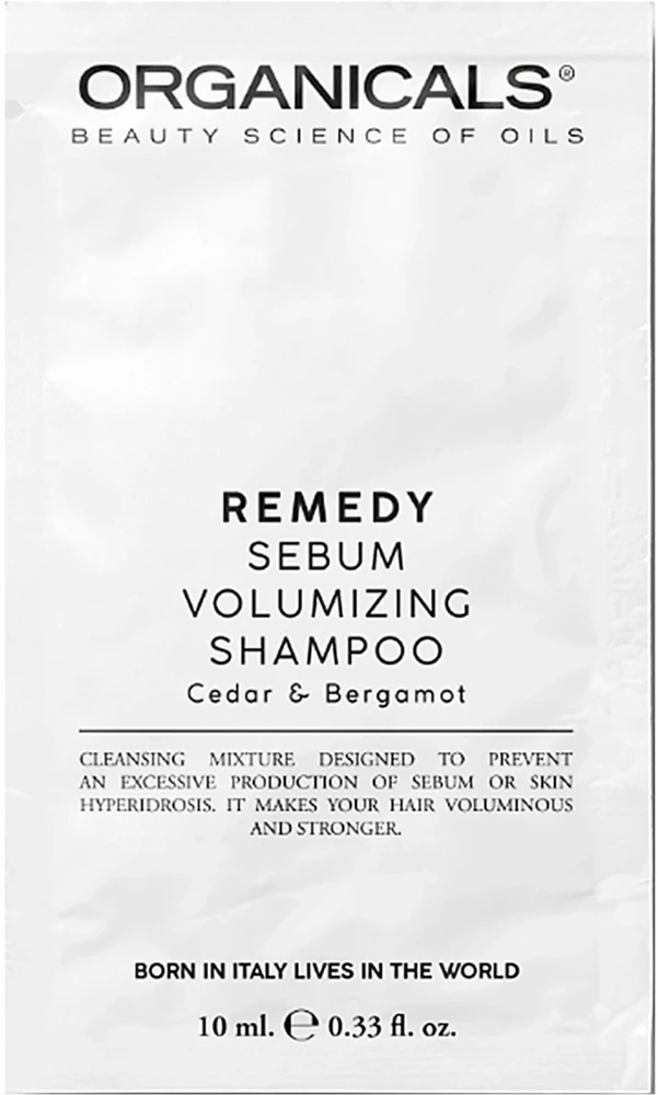 Organicals REMEDY Sebum Volumizing Šampūnas Cedar & Bergamot – apimtį suteikiantis šampūnas ploniems, greitai riebaluojantiems plaukams, 10 ml