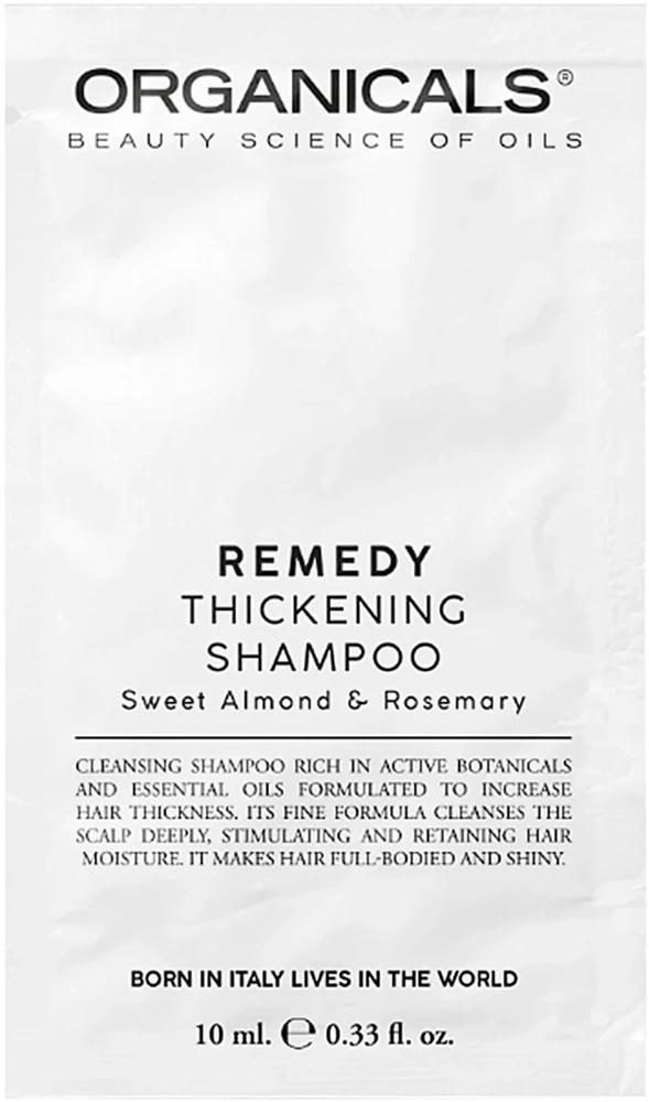 Organicals REMEDY Tankinantis šampūnas Saldžiosios migdolų ir rozmarinų stiprinantis šampūnas ploniems plaukams, 10 ml