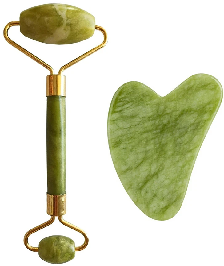 Palsar 7 Masažo volelis ir plokštelė Guasha žalias xiuyan žadeitas ("Light Žalias Xiuyan Jade Roller" - Gua Sha rinkinys)
