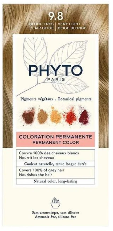 Phyto Phytocolor Permanent Color plaukų dažai be amoniako, atspalvis: 9.8 Very Light rusvai gelsvas Skirtas šviesiems plaukams, 112 ml