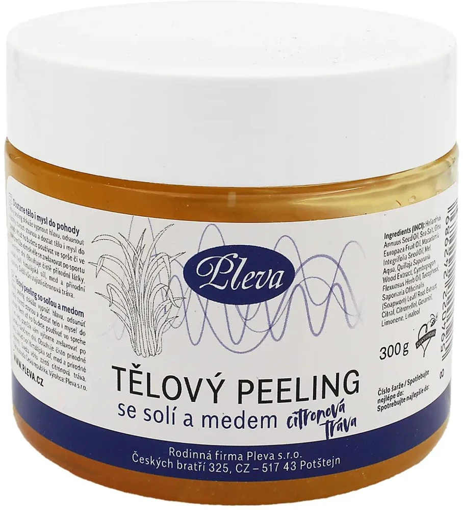 Pleva šveičiamasis kūno šveitiklis su medumi ir druska (citrinžolė), 300g