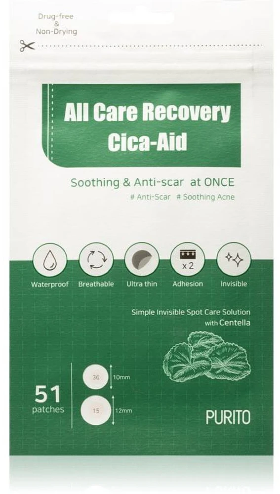 PURITO All Care Recovery Cica-Aid pleistrai nuo spuogų ir aknės, 51 vnt.