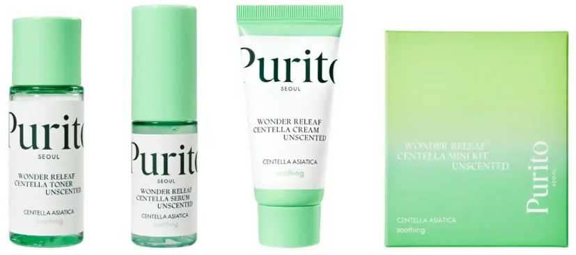 Purito Seoul PURITO dovanų rinkinys bekvapėms odos priežiūros priemonėms „Wonder Releaf Centella Unscented Mini Kit“