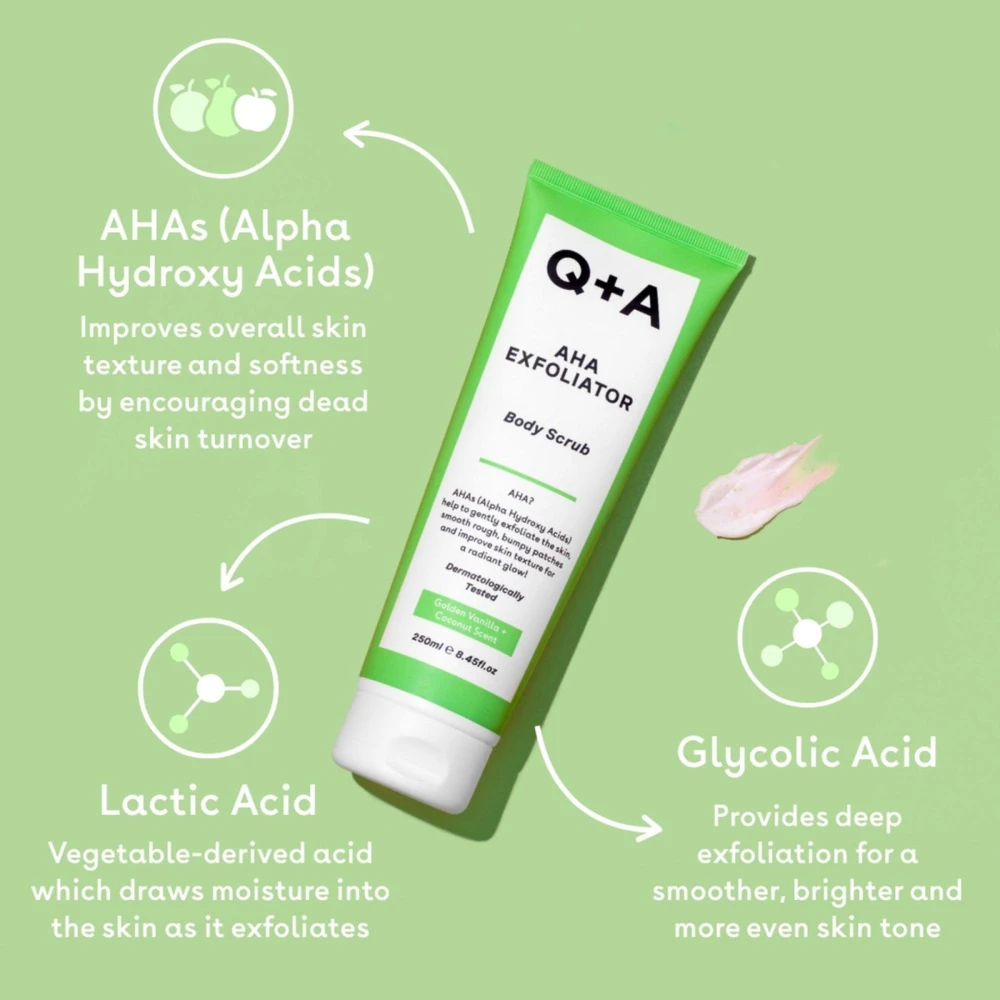 Q+A AHA Exfoliator Body Scrub kūno šveitiklis su AHA rūgštimi, 50 ml
