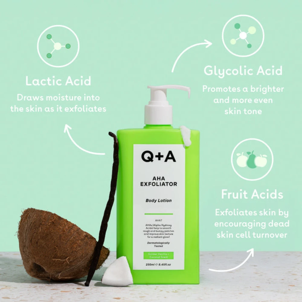 Q+A AHA Exfoliator Losjonas kūnui šveičiamasis kūno losjonas, 250 ml
