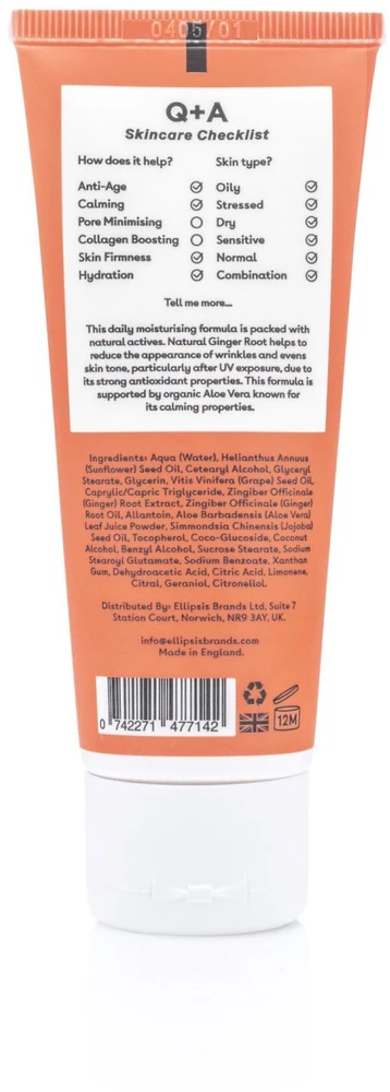 Q+A Ginger Root Daily Moisturiser Kasdienis drėkinamasis kremas, 75 ml