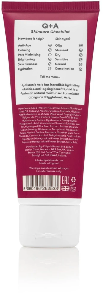 Q+A Hyaluronic Acid Daily Moisturiser Intensyviai drėkinantis veido kremas, 75 ml