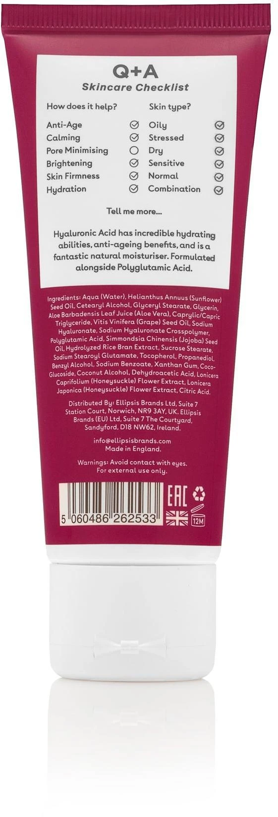 Q+A Hyaluronic Acid Daily Moisturiser Intensyviai drėkinantis veido kremas, 75 ml