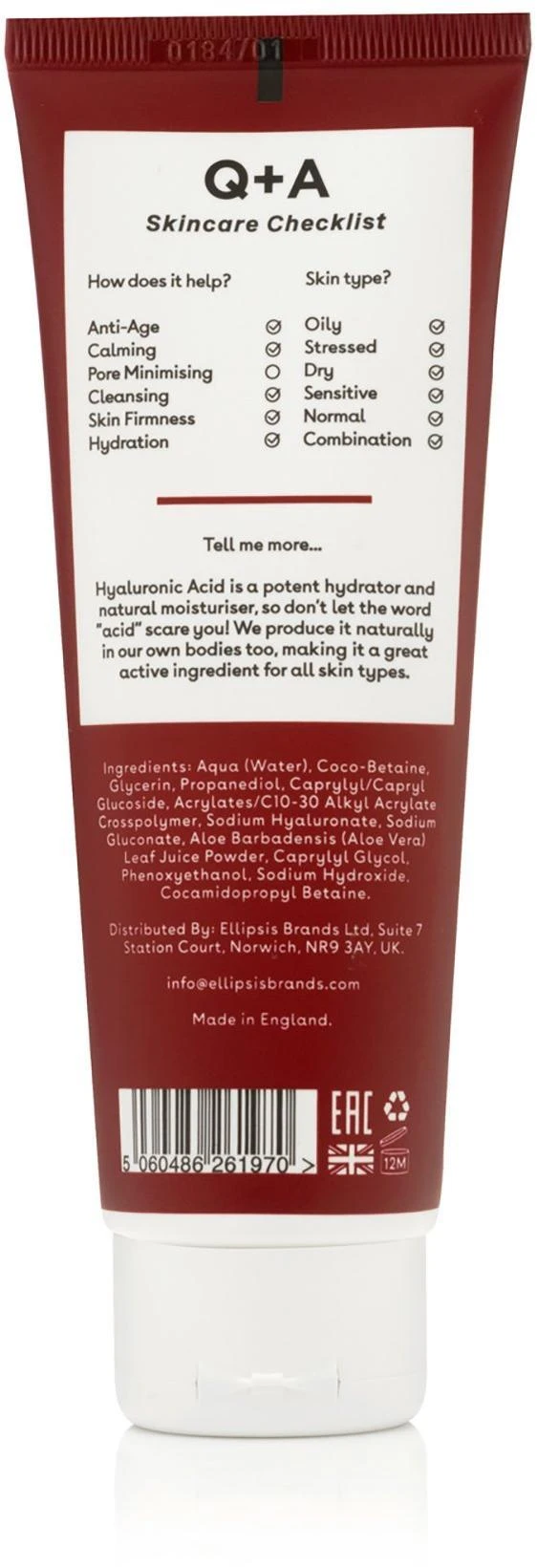 Q+A Hyaluronic Acid Hydrating Valiklis Drėkinamasis veido prausiklis, 125 ml