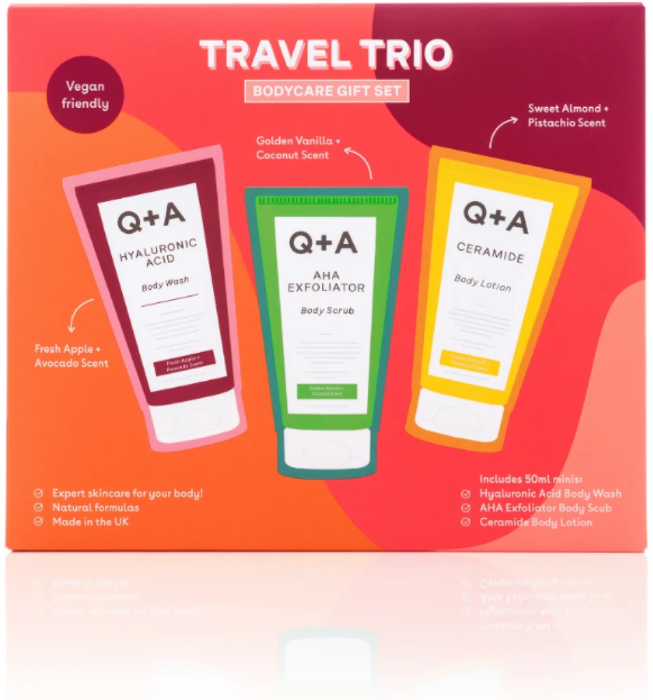 Q+A Travel Trio Bodycare Gift Set kelioninis kūno priežiūros priemonių rinkinys, 3x50 ml