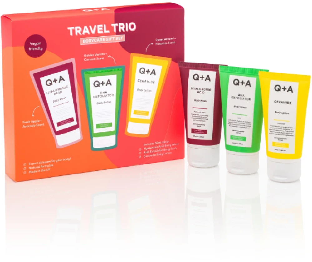 Q+A Travel Trio Bodycare Gift Set kelioninis kūno priežiūros priemonių rinkinys, 3x50 ml