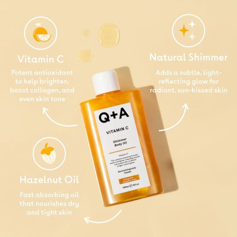 Q+A Vitamin C Shimmer Body Oil žėrintis kūno aliejus, 150 ml