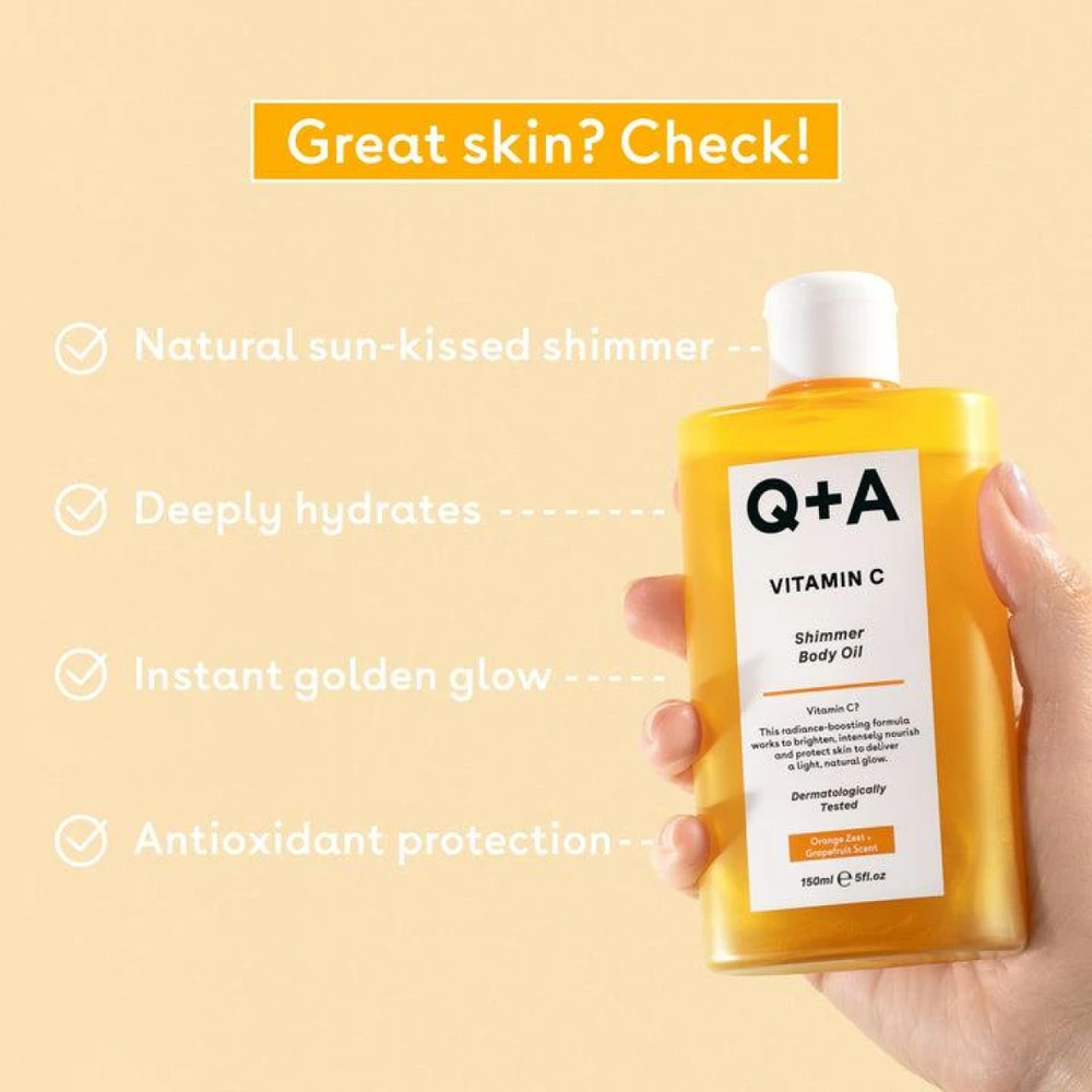 Q+A Vitamin C Shimmer Body Oil žėrintis kūno aliejus, 150 ml