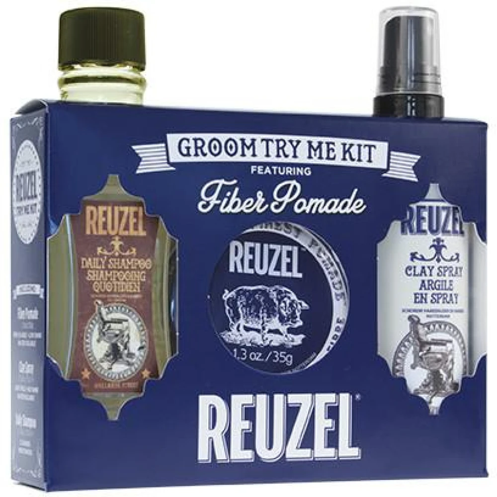 REUZEL Fiber Pomade Groom Try Me Kit plaukų priežiūros rinkinys vyrams (šampūnas 100 ml + pomada 35 g + purškiklis 100 ml)