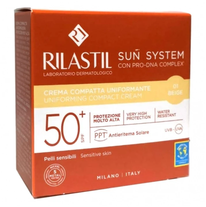 kreminis makiažo pagrindas su apsauga nuo saulės Rilastil Sun System Uniform Compact Kreminis Spf50+ atspalvis 01 rusvai gelsvas 10g