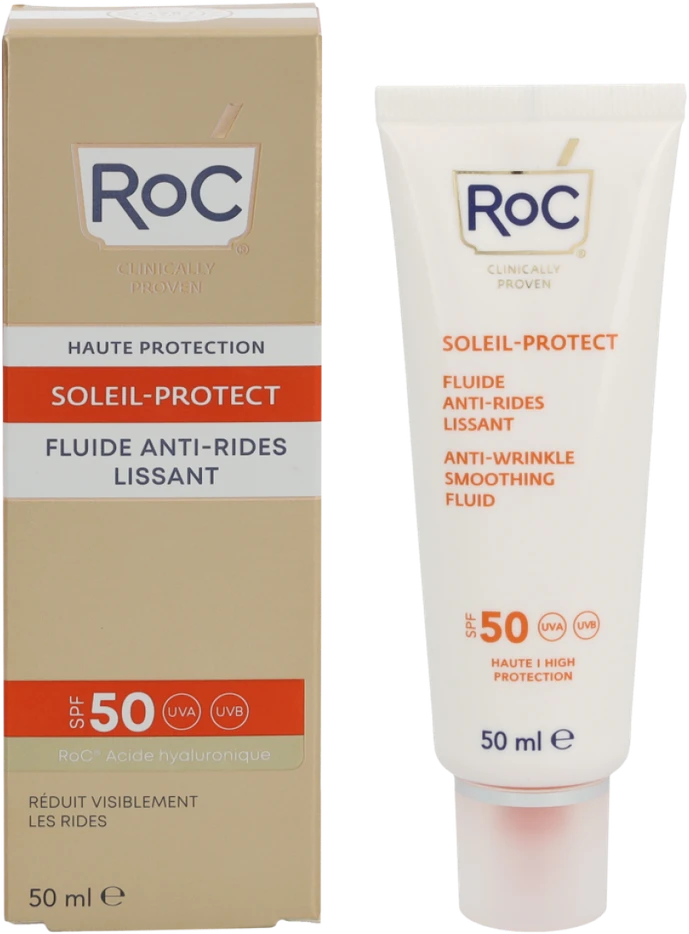 ROC Soleil-Protect Anti-Wrinkle Smoothing Fluid SPF 50+ apsauginis fluidas nuo saulės veidui mažinanti senėjimo požymius, 50 ml