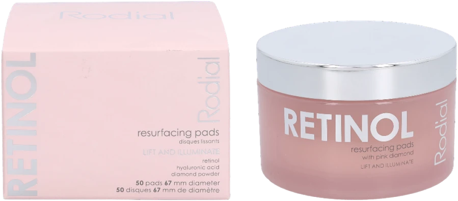 Rodial Rožinė Diamond Retinol Resurfacing Pads atkuriantys šveičiamieji padeliai veidui, 50 vnt.