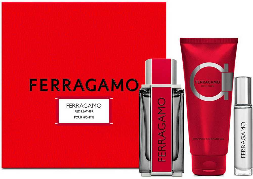 Salvatore Ferragamo Ferragamo Ferragamo Raudona Leather rinkinys vyrams (EDP, 100 ml + šampūnas ir dušo želė, 100 ml + EDP, 10 ml)