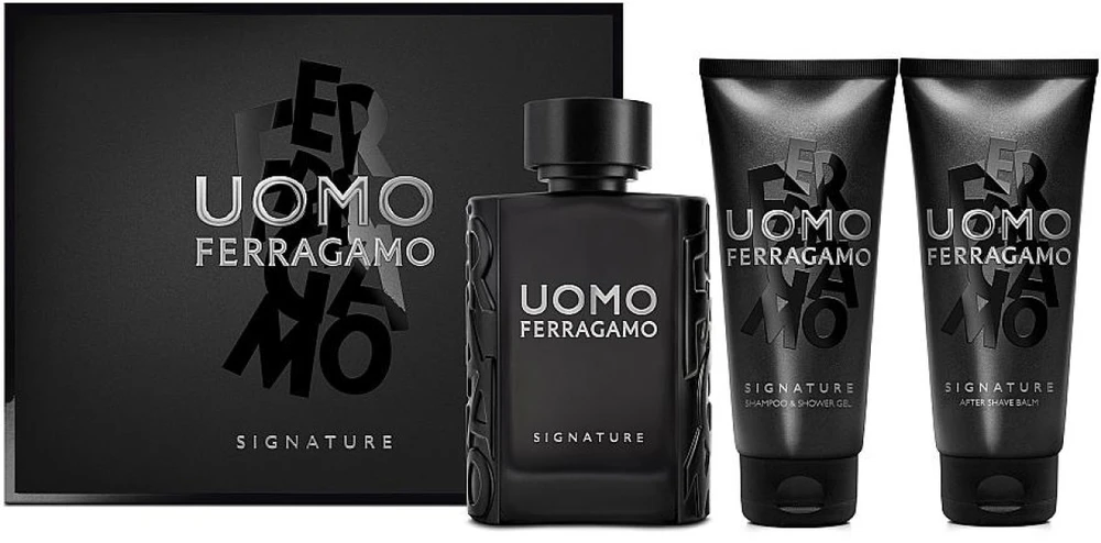Salvatore Ferragamo Ferragamo Uomo Signature rinkinys vyrams (EDP, 100 ml + šampūnas ir dušo želė, 100 ml + balzamas po skutimosi, 100 ml)