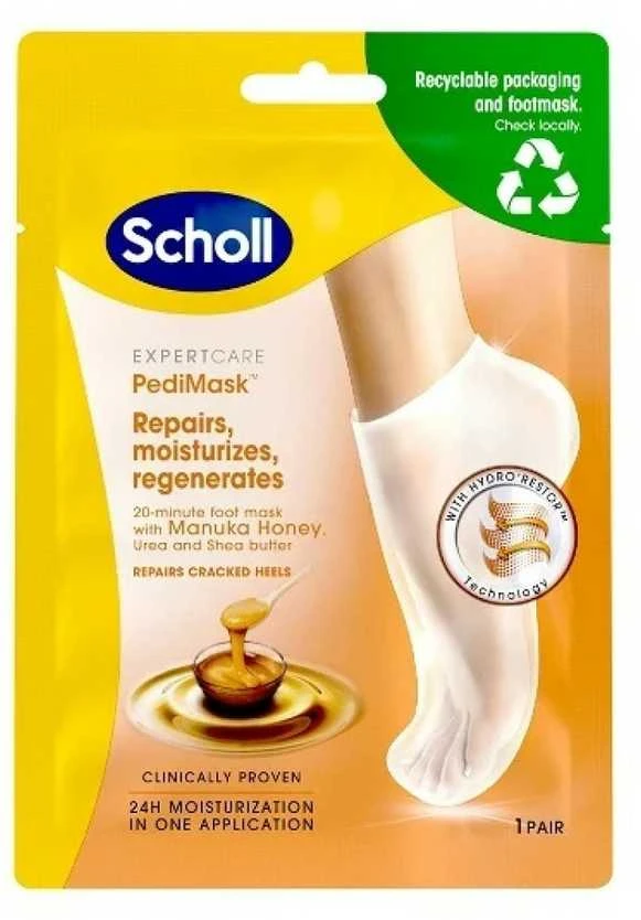 Scholl drėkinamoji pėdų kaukė su manukos medumi Expert Care PediMask™ (kojų kaukė su manukos medumi) 1 pora