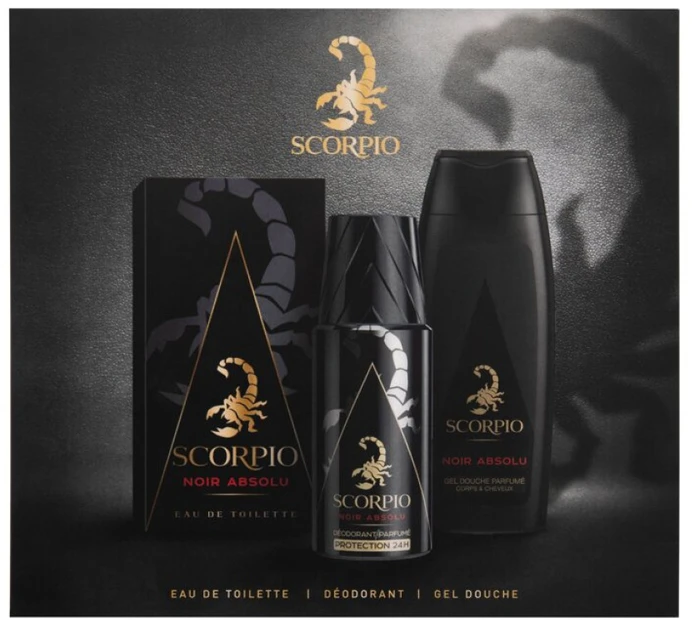 Scorpio Noir Absolu EDT rinkinys vyrams (EDT 75 ml + Dušo želė 250 ml + Dezodorantas 150 ml)