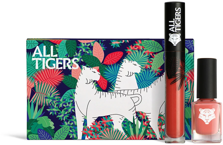 „Set All Tigers“: natūralūs ir veganiški skysti lūpų dažai „683 Make Your Mark“, 8 ml + natūralūs ir veganiški veganiški nagų lakai „196 Take Your Chance“, 11 ml