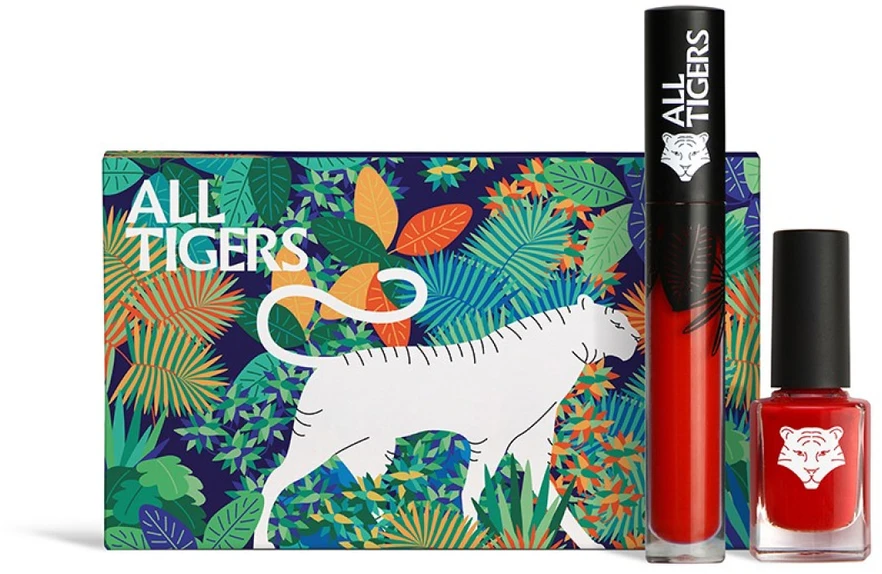 „Set All Tigers“: natūralūs ir veganiški skysti lūpų dažai „888 Call Me Queen“, 8 ml + natūralūs ir veganiški „Nagu lakas“ „298 Hit It Big“, 11 ml