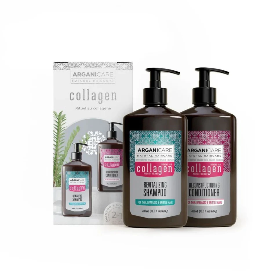 Set Arganicare: Collagen Hair Šampūnas Revitalizing, 400 ml + Collagen Hair Conditioner Strengthening & Repairing, 400 ml