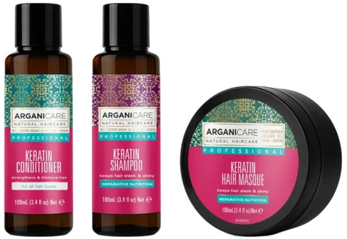 Set Arganicare: Keratin Hair Conditioner maitininantis & Strengthening, 100 ml + Keratin Hair Šampūnas Repairing & maitininantis, 100 ml + Keratin Hair Treatment Kreminis Mask maitininantis & Repairing, 100 ml