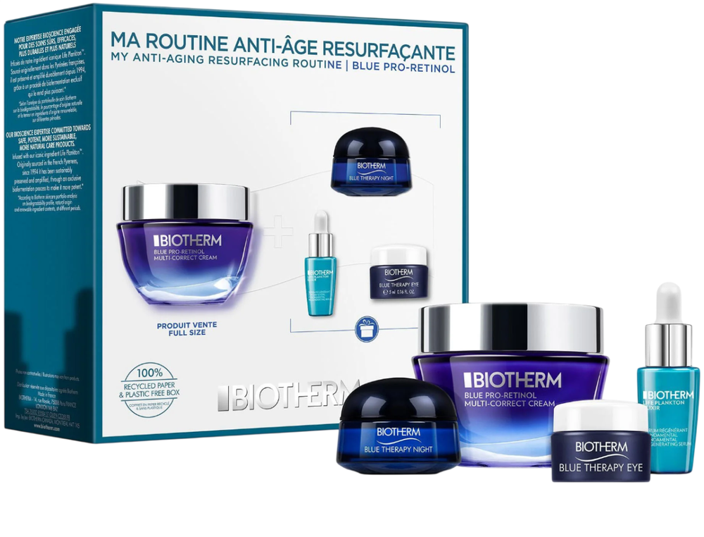 Set Biotherm: Mėlyna Pro-Retinol Multi Correcting Kreminis For Face, 50 ml + Life Plankton Eliksyras Regenerating Day & Night Serum For Face, 7 ml + Mėlyna Therapy Anti-Aging Night Kreminis For Face, 15 ml + Mėlyna Therapy Anti-Ageing Paakių kremas, 15 ml