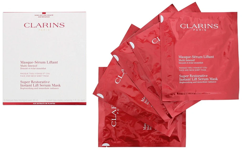 Set Clarins Super Restorative Lifting Sheet Mask For Face Once Or Twice A Week, 5 vnt., 30 ml