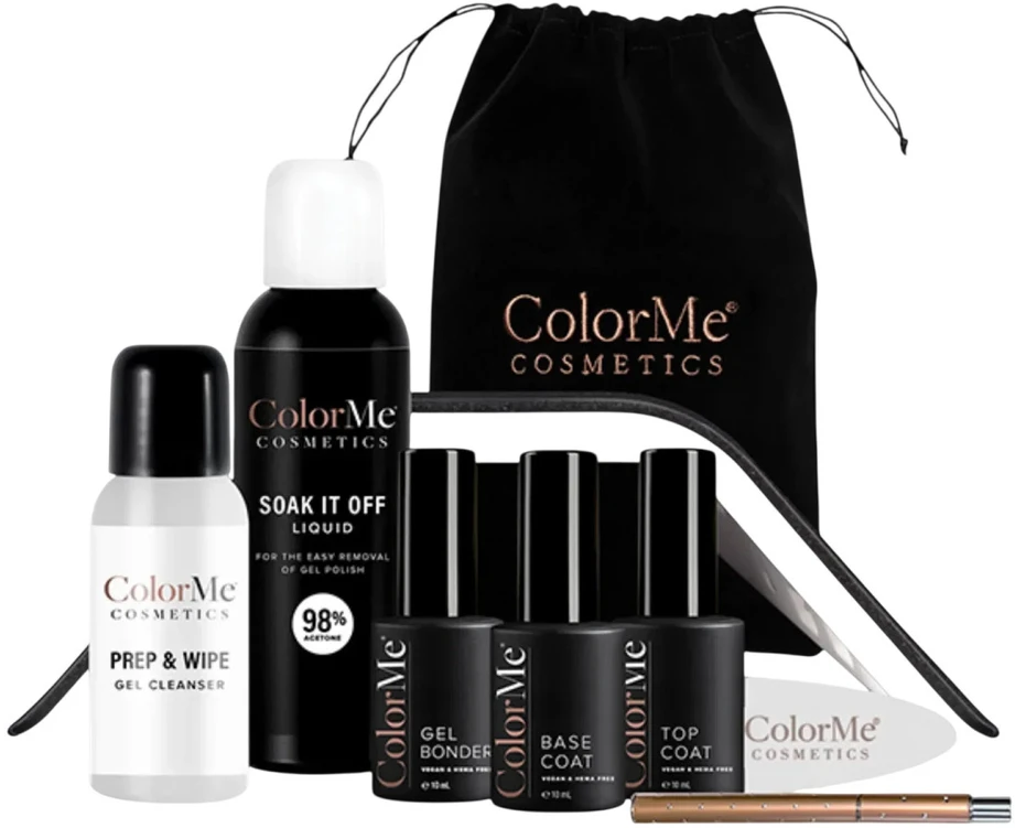 Set ColorMe Cosmetics: Soak It Off Nagų lakas Remover, 100 ml + ColorMe Gel Semi-Permanent Nagų lakas, 10 ml + ColorMe Base Coat Semi-Permanent Nagų lakas, 10 ml + ColorMe Top Coat Semi-Permanent Nagų lakas, 10 ml + ColorMe Nail Led Lamp Juodas + Prep