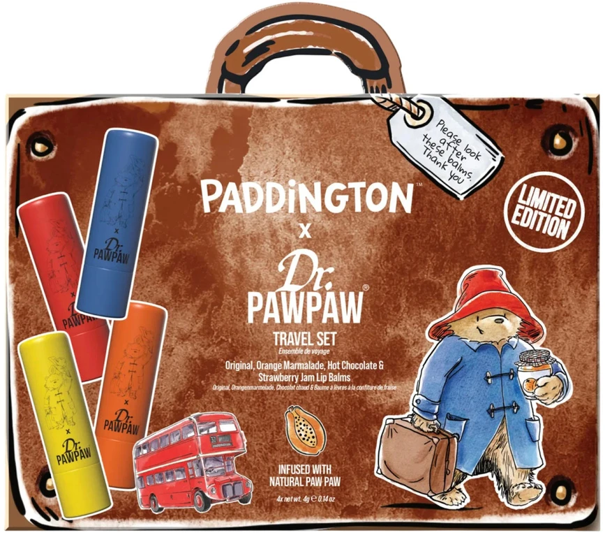 Set Dr. PawPaw: Paddington Oranžinis Marmalade Hydrating Lūpų balzamas, 4 g + Paddington Bear Original Balm Vegan Lūpų balzamas, 4 g + Strawberry Jam Hydrating Lūpų balzamas, 4 g + Hot Chocolate Hydrating Lūpų balzamas, 4 g