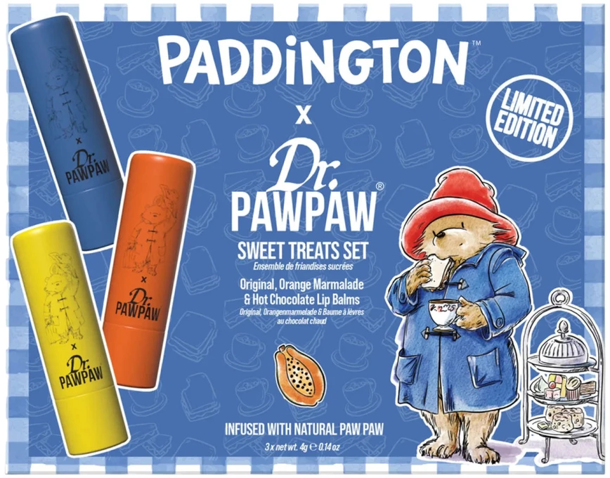 Set Dr. PawPaw: Paddington Oranžinis Marmalade Hydrating Lūpų balzamas, 4 g + Paddington Bear Original Balm Vegan Lūpų balzamas, 4 g + Hot Chocolate Hydrating Lūpų balzamas, 4 g