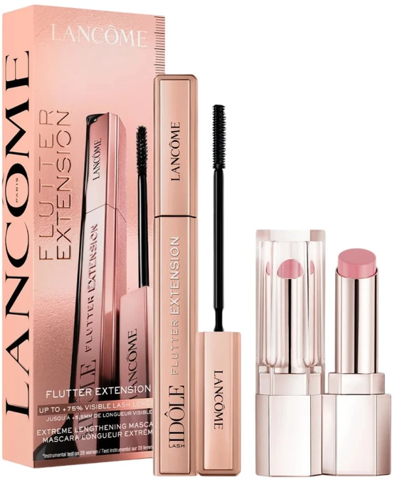 Set Lancome: Flutter Extension Extreme Lenghtening & Volum Lashes Blakstienų tušas 01 True Juodas 8.5 ml + Idole Lip Butterglow Hydrating Lūpų balzamas 10 Keep It Glowy 0.6 g
