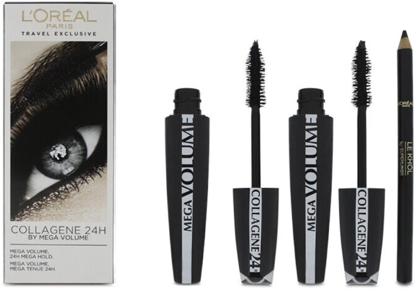 Set L'Oreal Paris: Mega Volume Collagene 24h Extra Blakstienų tušas Juodas, 2 pcs, 9 ml + Contour Khol Kohl Akių apvadas Juodas 1.2 g