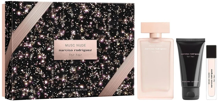 Set Narciso Rodriguez: Musc Nude Eau De Parfum For Women, 100 ml + Musc Nude Hydrating Losjonas kūnui, 50 ml + Musc Nude Eau De Parfum For Women, 10 ml